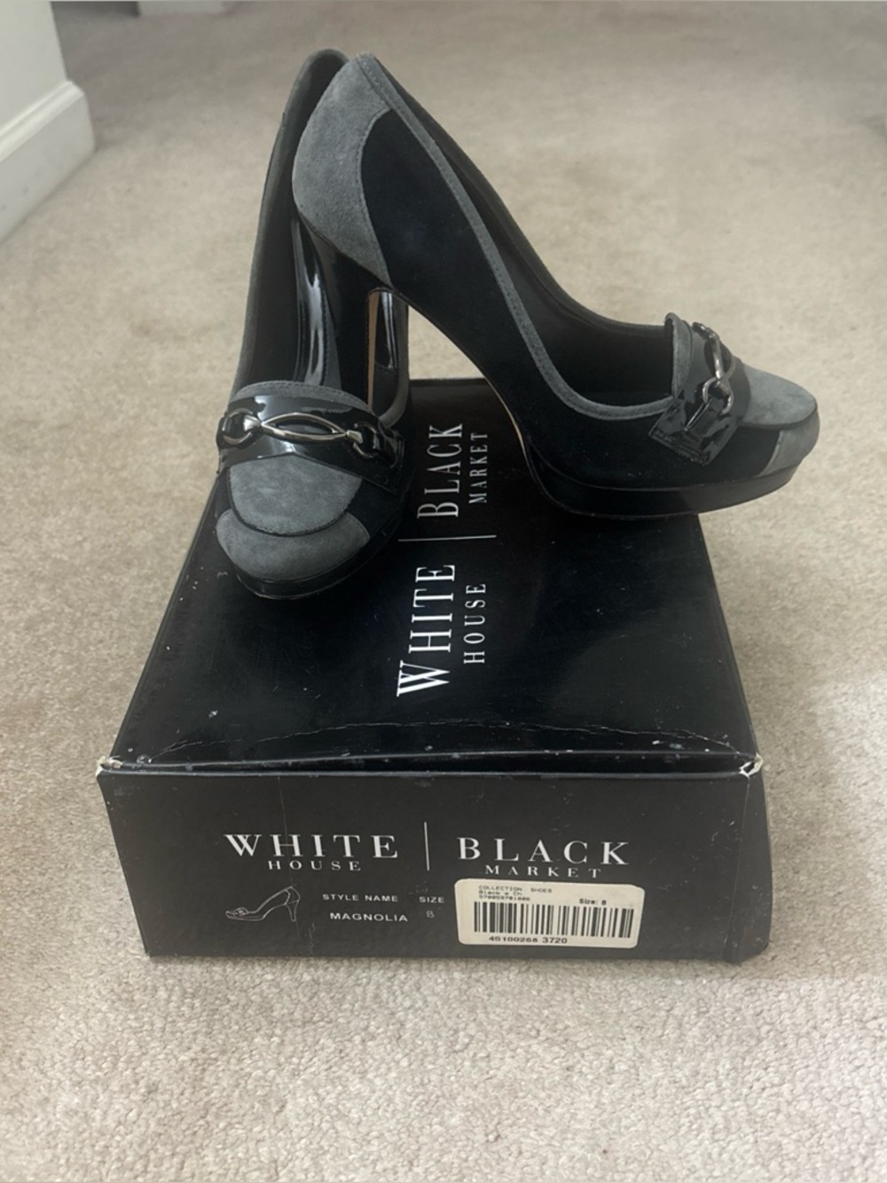 White House Black Market Suede & Leather 4" Heels Gray & Black Size 8 “Magnolia”
